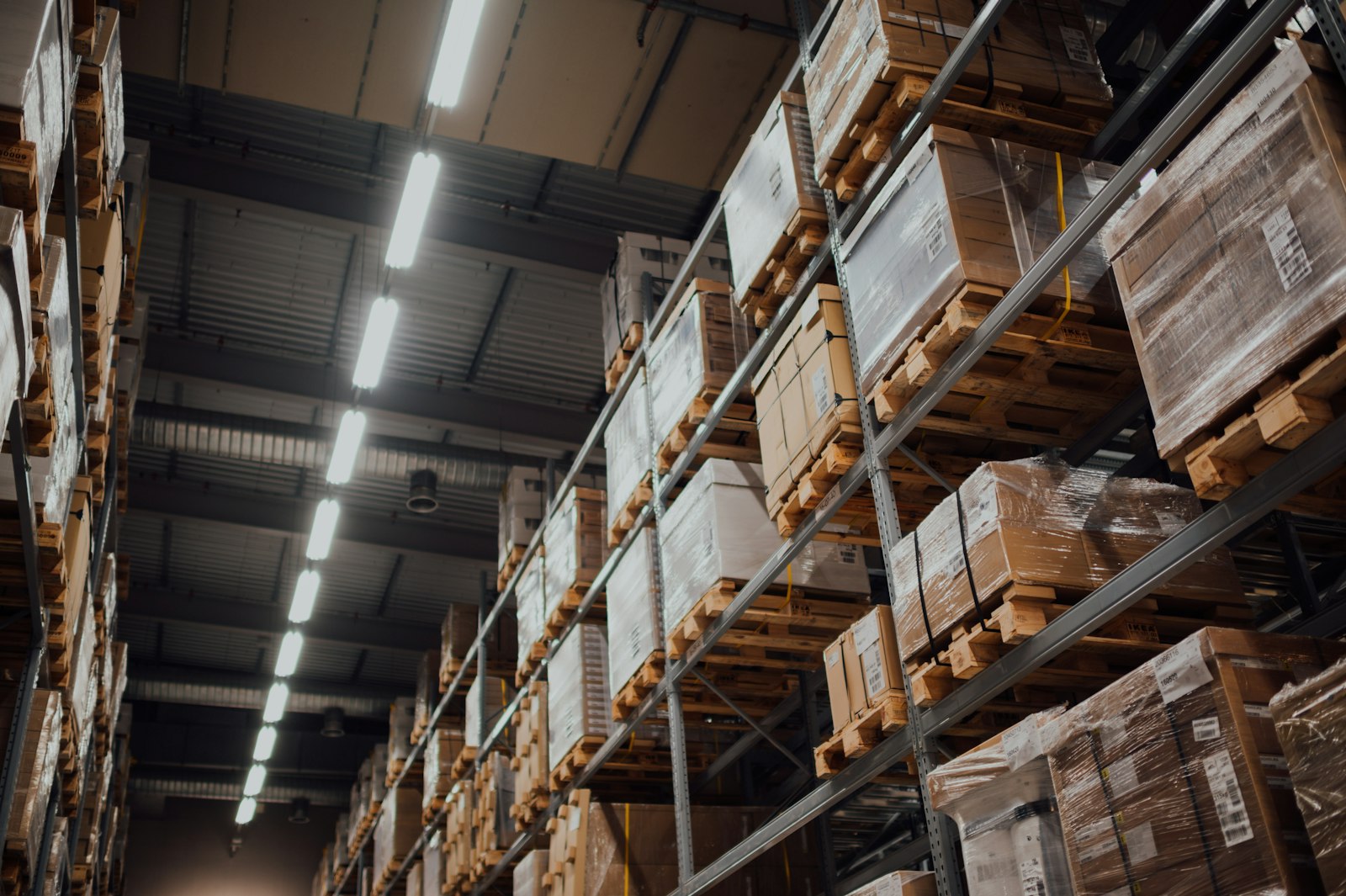 Pallets racked in a distribution warehouse