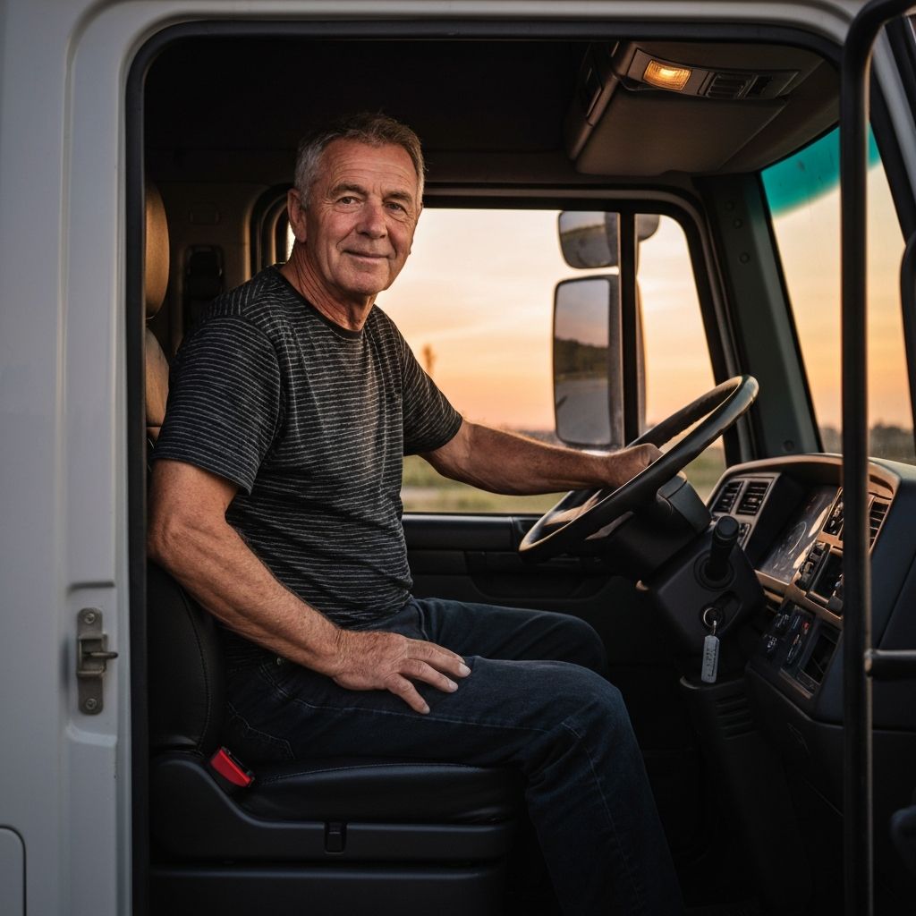 A truck driver smiling in the cab of a tractor.